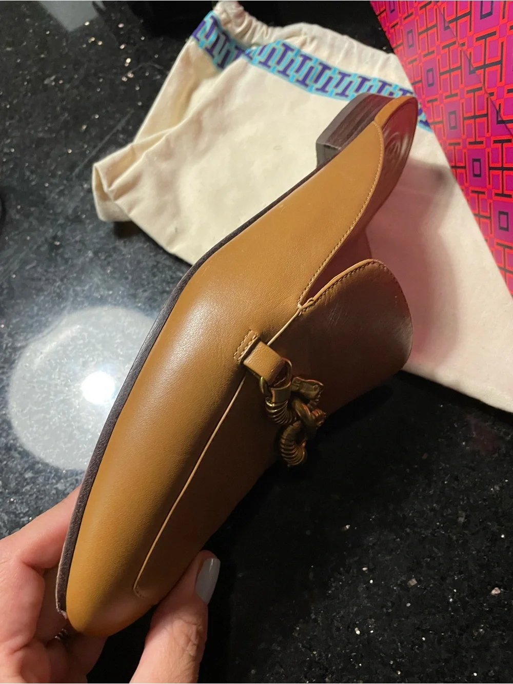 Tory Burch Tan Leather Slip-On Mules with Gold Chain - Picture 5 of 10